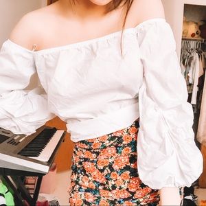 Off-shoulder Ruffle Puff Sleeve White Blouse